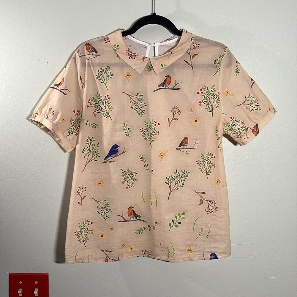 Vintage Bird Print Beige Shirt 6